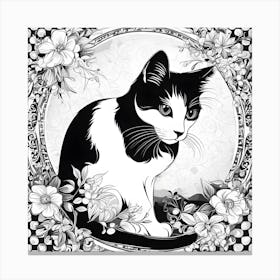 Black And White Cat With Flowers Canvas Print