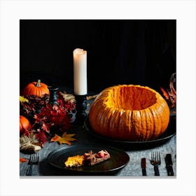 Autumnal Table Setting Cradling A Half Carved Roasted Pumpkin Candlelight Flickering Within Casting (4) Canvas Print