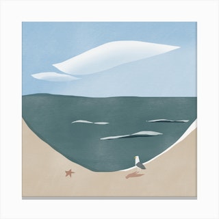 Beach Curve And Seagull Square Canvas Print