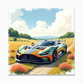 Aston Martin Valkyrie Amidst A Colorful Watercolor Landscape, No Logos Canvas Print