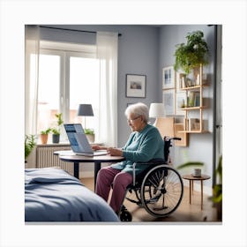 Elderly Woman In Wheelchair Using Laptop Canvas Print