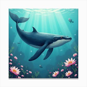 Whale Swimming With Sea Lilies 1 Canvas Print