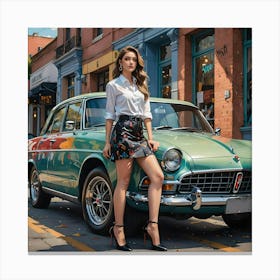 Woman Leaning On A Car Canvas Print