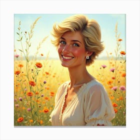 Princess Diana Smiling With A Glowing Watercolor Field Of Wildflowers 1 Canvas Print