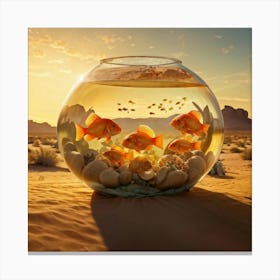 Elephant Sized Goldfish Swimming In A Colossal Fishbowl Center Of An Arid Desert Desert Cacti Spor Canvas Print