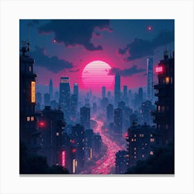 Cyberpunk Cityscape With Neon Lights, Watercolor Night Sky Canvas Print