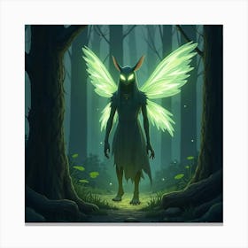 A Forest Spirit With Glowing Eyes And Ethereal Wings Amidst The Trees 1 Canvas Print