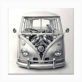 A Delicate, Transparent Pencil Sketch Of A Vintage Volkswagen Bus, Meticulously Showcasing Its Engine Parts Canvas Print