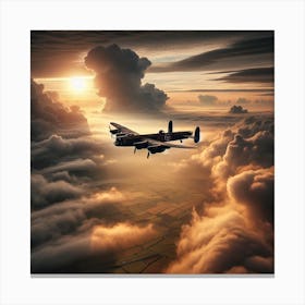 Lancaster Bomber flying through mist and clouds sun in background over dover 4/4 (ww2 World War 2 Pilot Flying Ace Sunset) Canvas Print