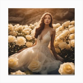 Tyndall Effect, A Beautiful Women Lies Underwater In Front Of Pale Yellow Roses ,Sunbeams In The Sty (1) Canvas Print