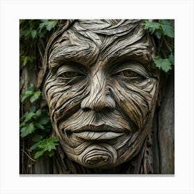 Portrait Of A Human Face Weathered With Deep Furrows Carved From Wood And Intertwined With Grass Canvas Print