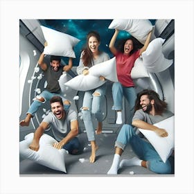 A Group Of Friends Having A Pillow Fight In Zero Gravity, Floating Around The Room And Laughing Hysterically 2 Canvas Print