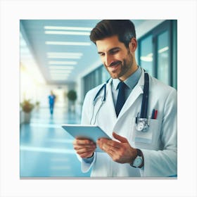 Male Doctor Using Tablet In Hospital Canvas Print