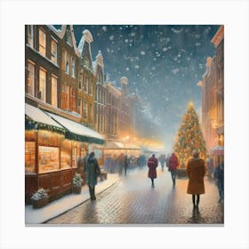 Amsterdam cafes, winter season, Christmas, pale colors, pedestrians in the street, winter clothes, falling snow.17 Canvas Print