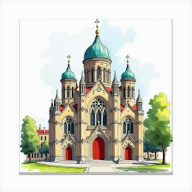 Watercolor Scene Of The Westminster Cathedral, Highlighting Its Byzantine Architecture And Vibrant Colors Canvas Print