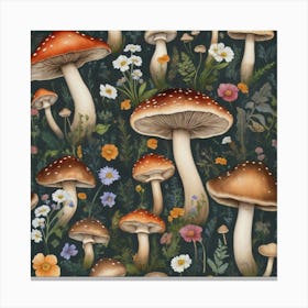 Mushrooms And Flowers Art Print 2 Canvas Print