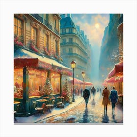 Paris cafes, winter season, Christmas, pale colors, pedestrians in the street, winter clothes, falling snow.5 2 Canvas Print