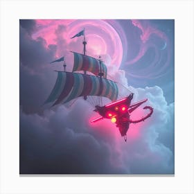 A Dreamlike Surreal Image Depicts A Galleon In A Macabre Synthwave Galaxy, Its Neon Hull Pulsating Against Swirling Clouds 1 Canvas Print