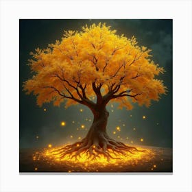 A Beautiful, Ancient Tree With Golden Leaves And Magical, Glowing Roots 1 Canvas Print