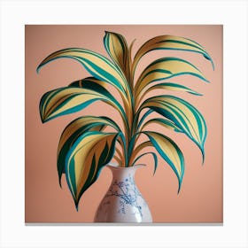 Vibrant Foliage Stylized Plant In Patterned Vase (3) Canvas Print