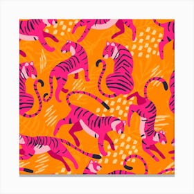 Vibrant Pink Tigers On Bright Orange Pattern Square Canvas Print