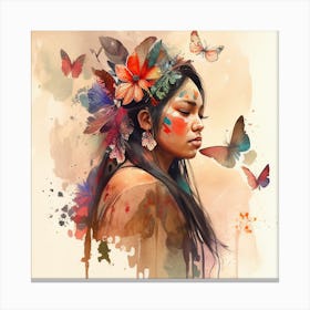 Watercolor Floral Indian Native Woman #8 Canvas Print