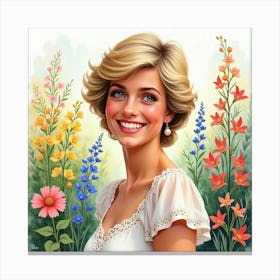 Graceful Princess Diana Smiling Amidst A Colorful Watercolor Garden 1 Canvas Print