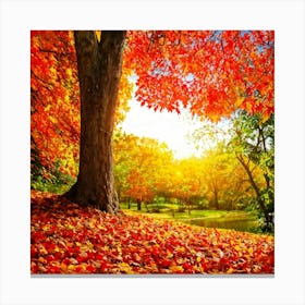 Autumnal Landscape Leaves In Vibrant Oranges Reds And Yellows Scattered Acorns Nestled Amidst Th Canvas Print