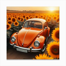 Vintage Vw Beetle In Sunflower Field Canvas Print