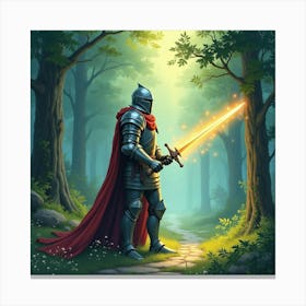 Knight Of Light Wielding A Glowing Sword In A Sacred Forest, Watercolor 1 Canvas Print