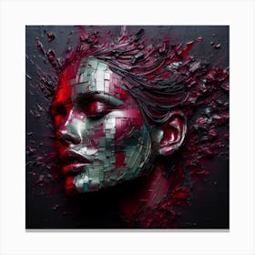 An Abstract Portrait Of A Woman's Face - An Embossed Artwork In Blood Red, And Soft Green Metal. Canvas Print