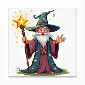 A Whimsical Wizard With A Colorful Robe And A Starry, Magical Staff Canvas Print