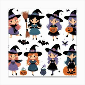 Cute Witches - Vector style Illustration For Halloween Canvas Print