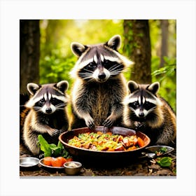 Three Raccoons Eating Food Canvas Print