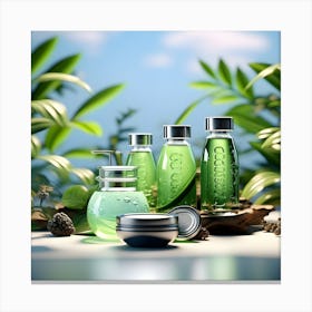 Water Bottles with a lime jar and plants around Canvas Print