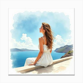 Watercolor Illustration Of A Beautiful Greek Woman Enjoying A Serene Seaside View 1 Canvas Print