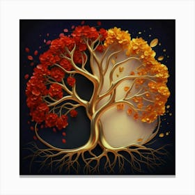 Template: Half red and half black, solid color gradient tree with golden leaves and twisted and intertwined branches 3D oil painting 3 Canvas Print