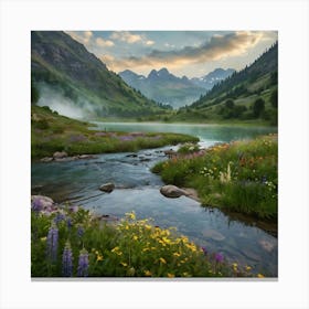 Mountain Stream With Wildflowers Canvas Print