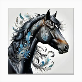 Black Horse Portrait With Feathers Canvas Print