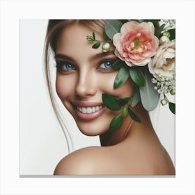 Beautiful Woman With Flowers On Her Head Canvas Print