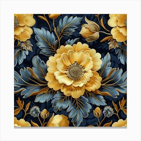 Seamless Floral Pattern With Huge Flowers And Leaves , Knitting Damask Ornament , Continious Ornament Of Eleven Gold And Blue Damask Floral Ornament Seamless Pattern, In The Style Of Navy And Eleven Gold, Trace Monotone, Geometric Stampe su tela