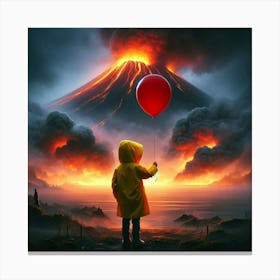 A Beautiful Day a boy wearing a yellow rain coat holding a red ballon, standing in front of a smokey volcano, digital art... Canvas Print