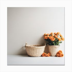 Wicker Baskets With Orange Flowers Canvas Print