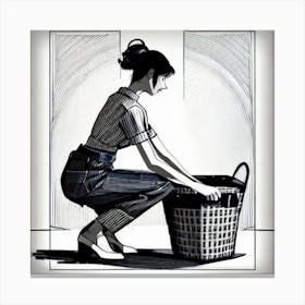 Woman and Basket of Laundry Canvas Print