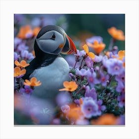 Puffin In Flowers Canvas Print