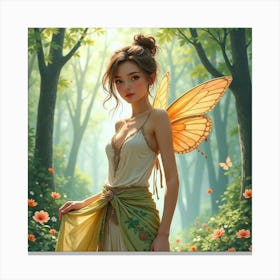 Trendy Woman In Watercolor Outfit, Enchanting Fairy Forest 1 Canvas Print