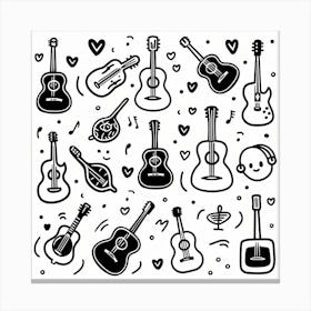 A Minimalistic Vector Icon Set Of Guitar, Black On White, Handdrawn Doodle Icon Stampe su tela