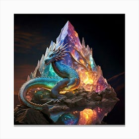 Firefly Dragon, Iridescent, Scales, Gemstones, Light, Reflection, Perched, Mountain, Peak, Mythical, (9) Canvas Print