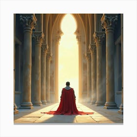 Paladin In Shining Armor Kneeling In A Cathedral With Light, Watercolor 1 Canvas Print