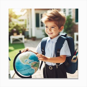 Boy In School Uniform With A Globe Canvas Print